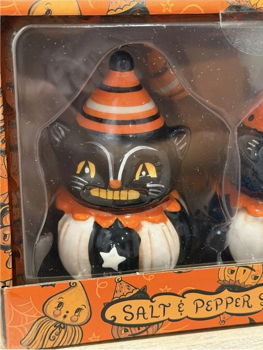 Johanna Parker Transpac SMILING CAT Salt & Pepper Shakers Halloween NIB